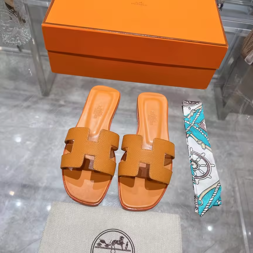 Orange textured leather H Slides preorder
