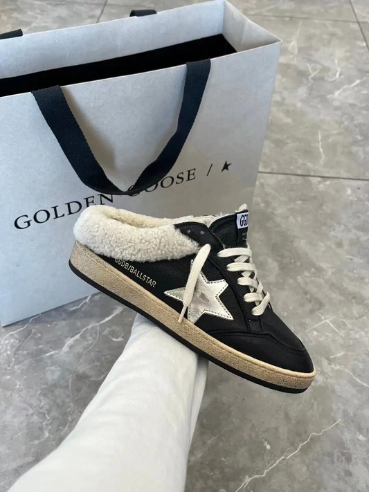 Black with gold GG sneakers with fur open back preorder