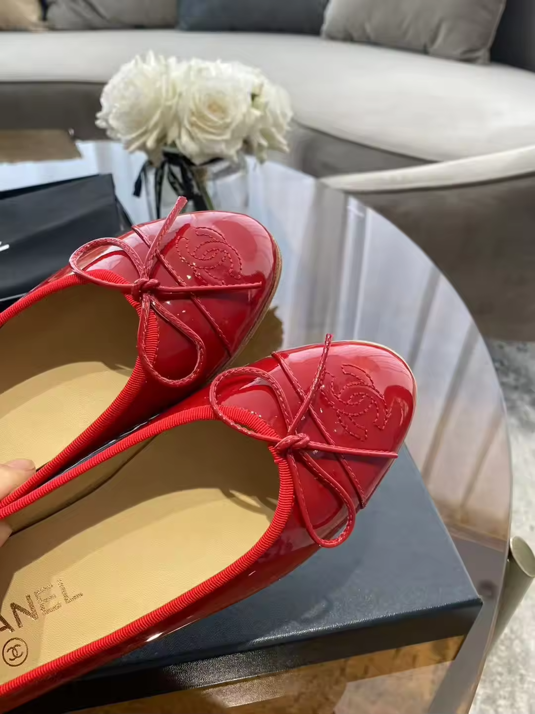 Red shiny genuine leather C flats preorder