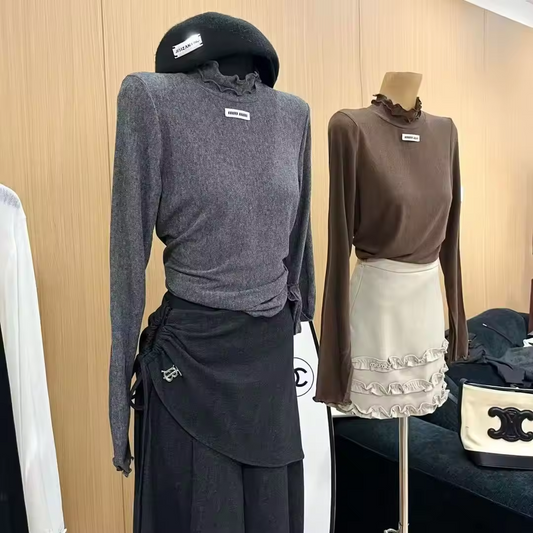 MM Gray and brown rouched mockneck tshirt preorder one size