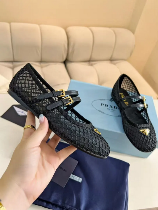 P mesh double buckle ballet flats black preorder
