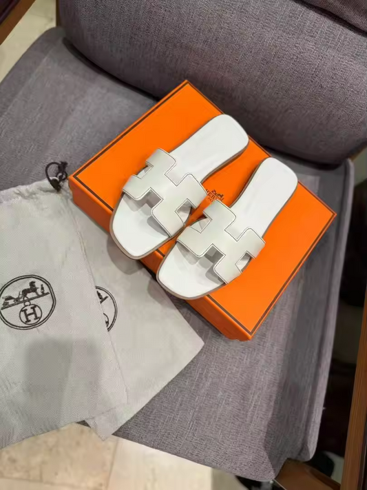 All white soft leather H Slides preorder
