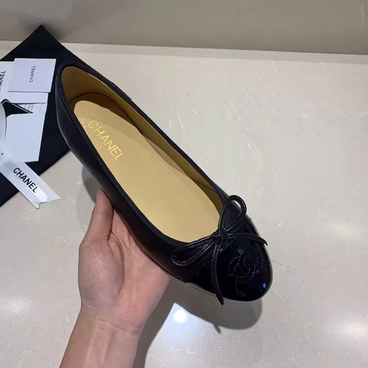 Black leather ballet C Flats with shiny tip preorder
