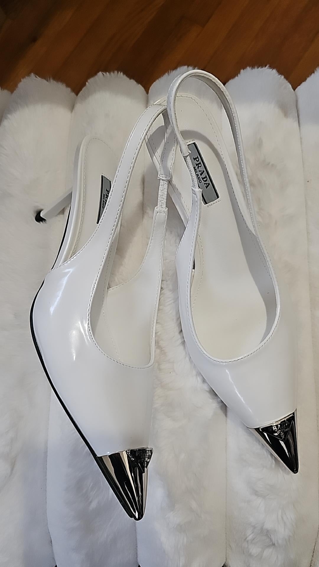 P White sling back heels