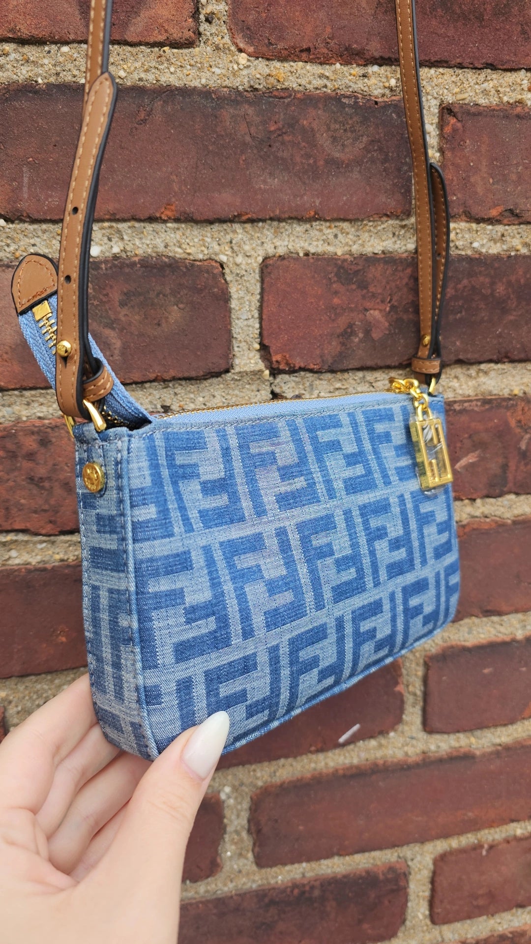 Denim Small F Crossbody with zipper in stock