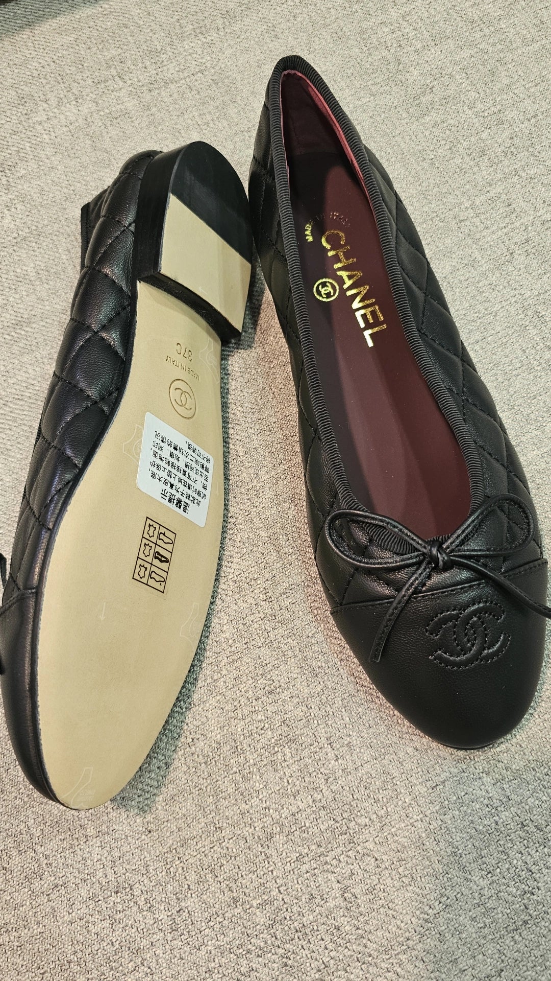 Black Quilted C leather Flats HC