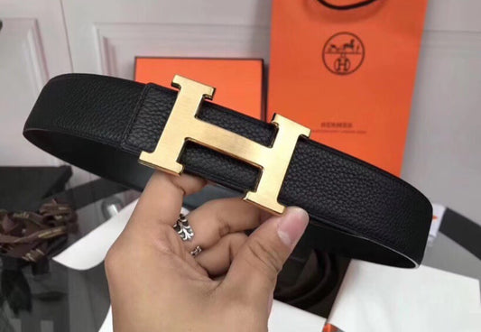 H Belt leather black gold & silver buckle