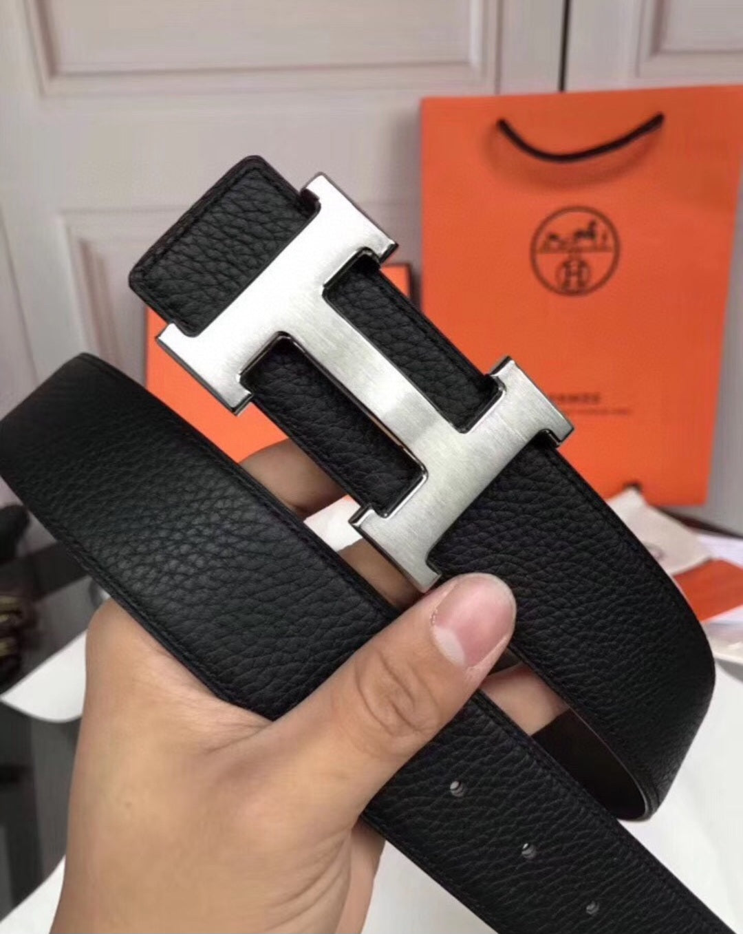 H Belt leather black gold & silver buckle