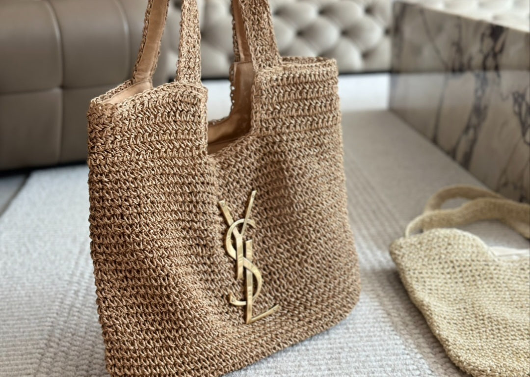 Beige and Brown Y Straw tote Bag preorder