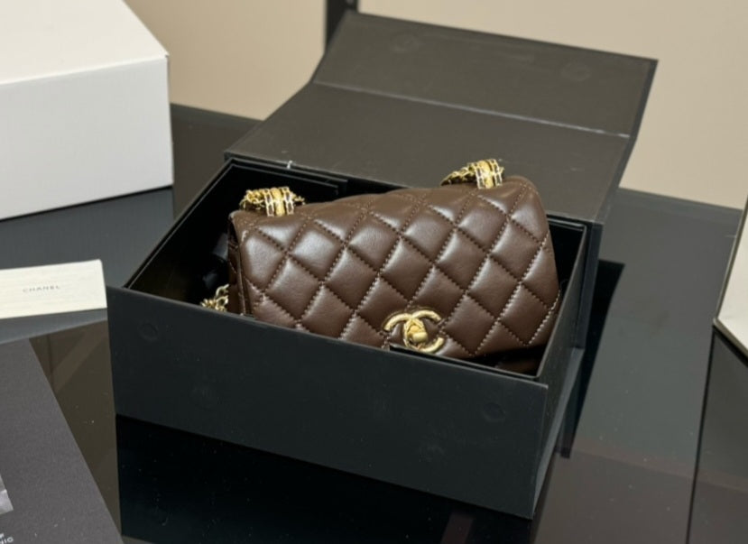 Brown small C Bag with gold chain