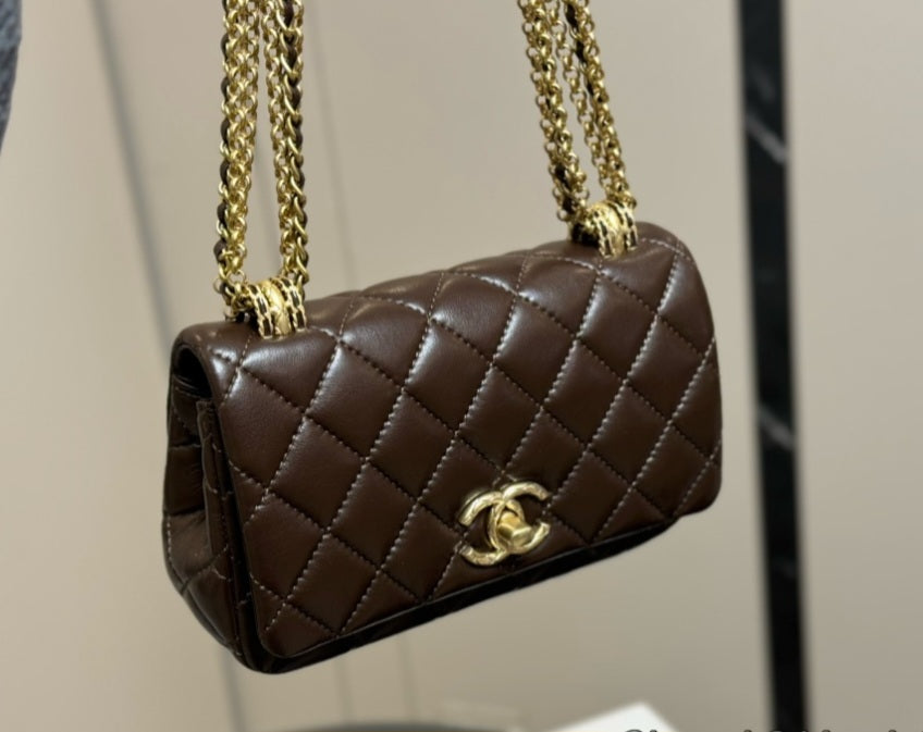 Brown small C Bag with gold chain