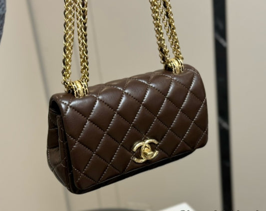 Brown small C Bag with gold chain