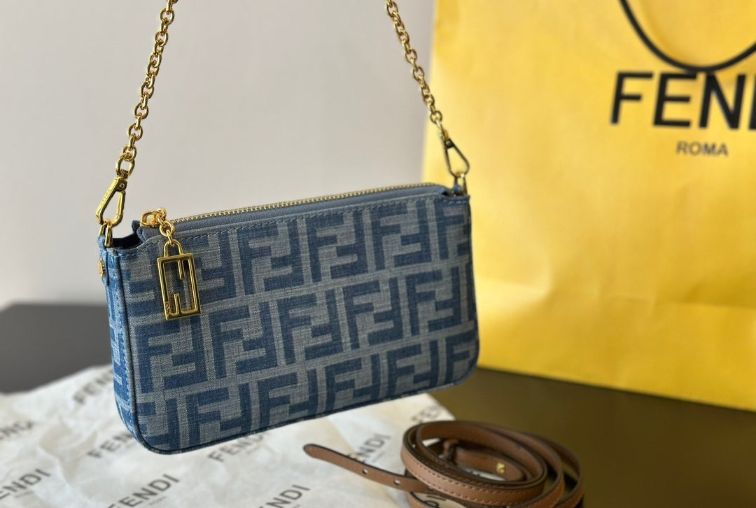 Denim Small F Crossbody with zipper in stock