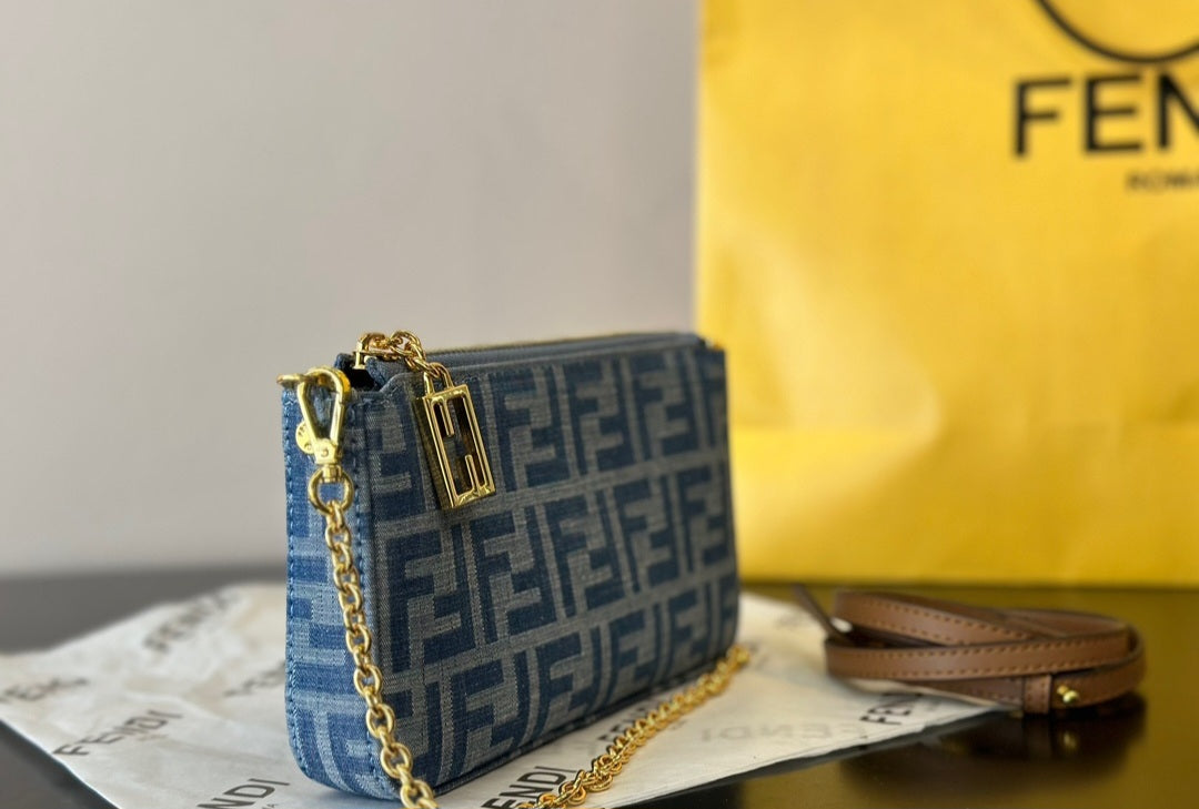 Denim Small F Crossbody with zipper in stock