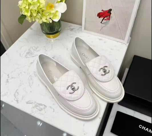 White Leather C lock loafers with silver preorder