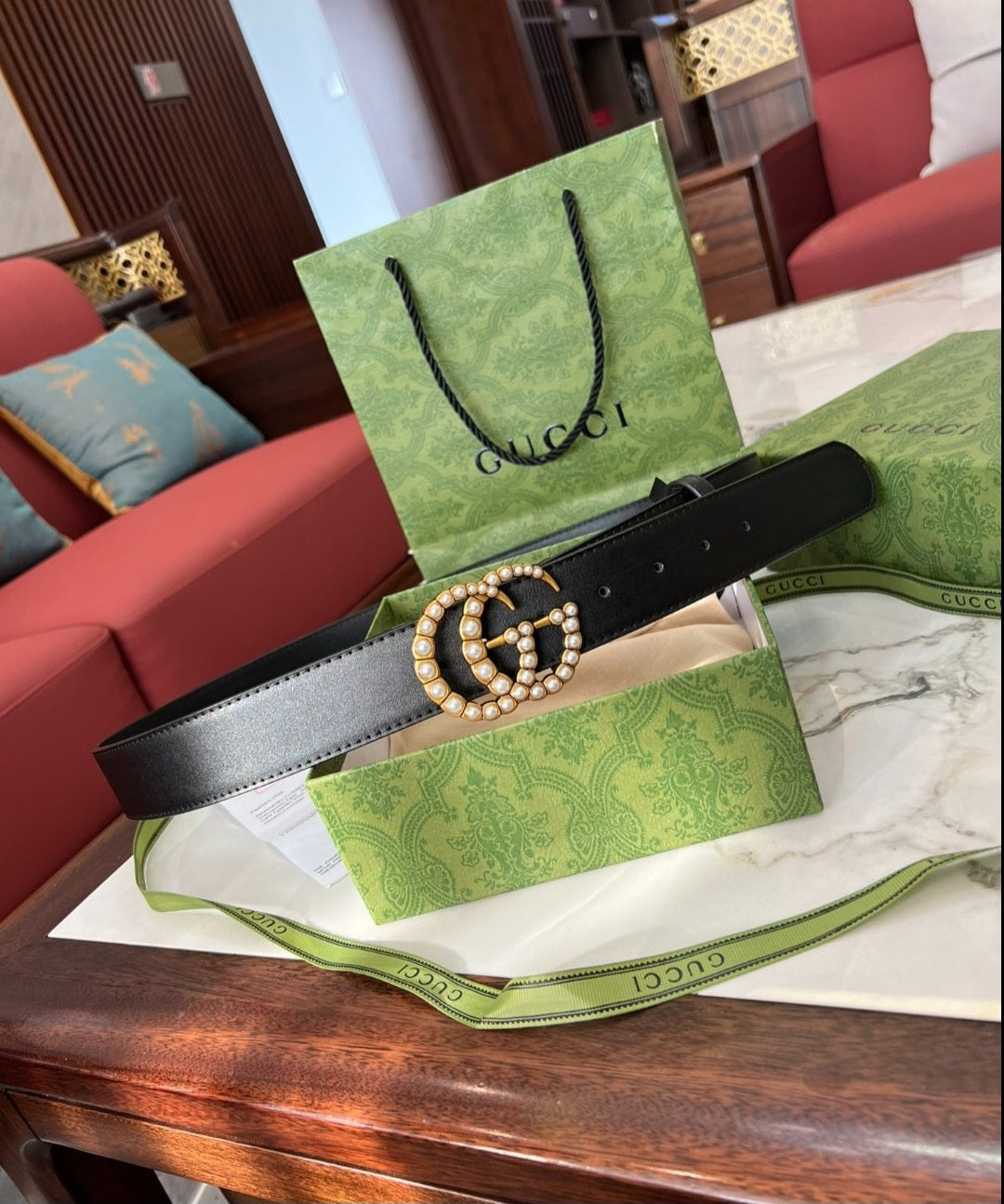 G Black leather belt with pearls with box 42/43" long