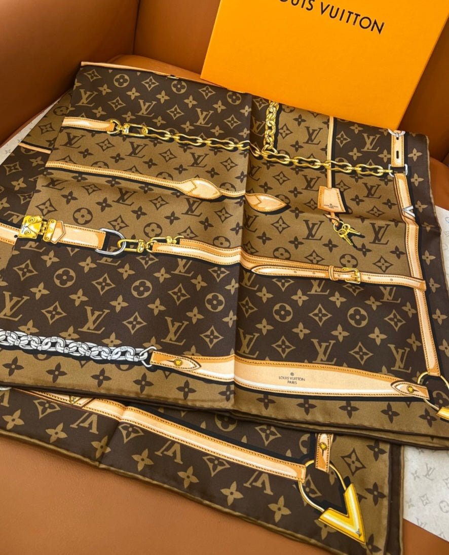 L V brown with chains head scarf preorder