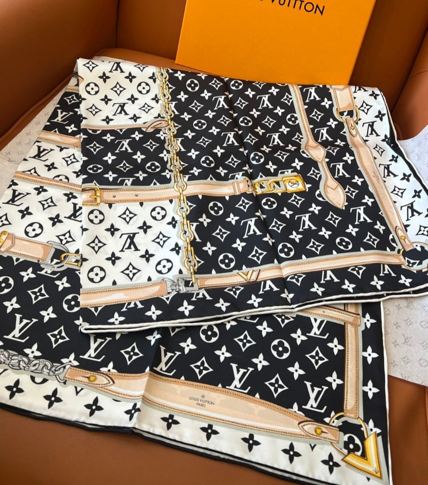 L V White and black with straps head scarf 90x90cm preorder