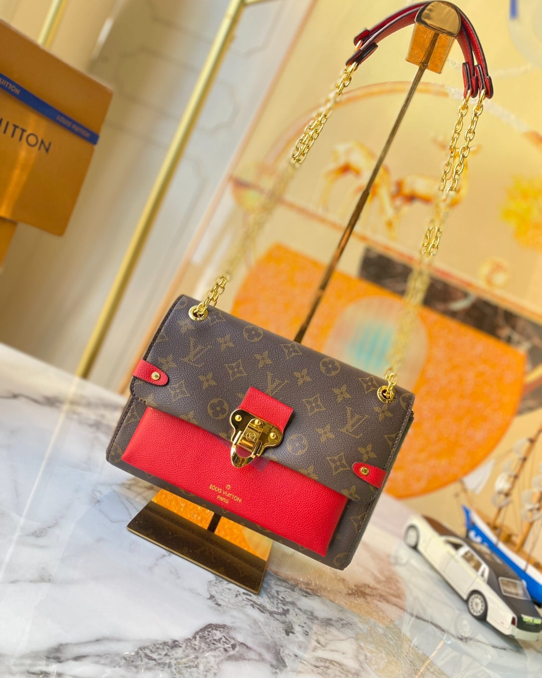Ruby Red Leather Bag with chain