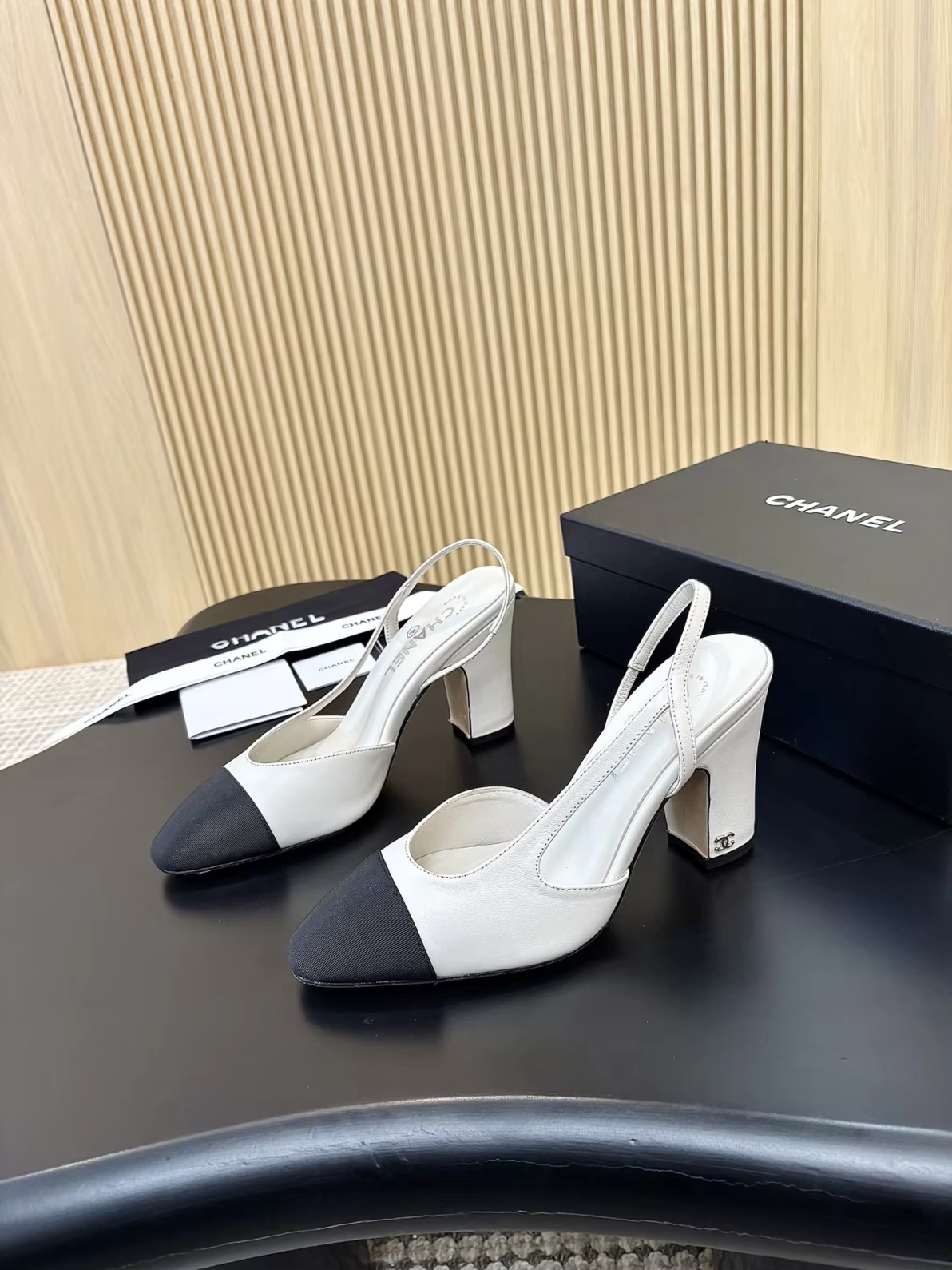 White C Heels 9cm with black satin tip preorder