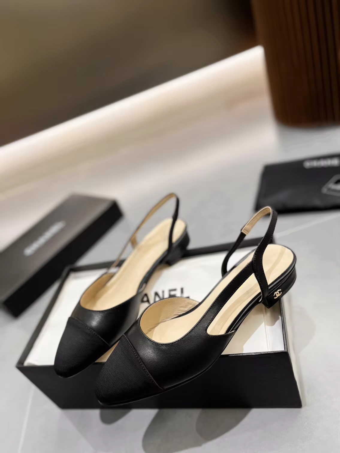Black leather C flat slingbacks with black fabric tip preorder