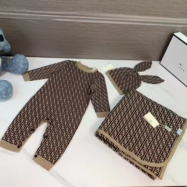 F brown baby onesie with hat and blanket