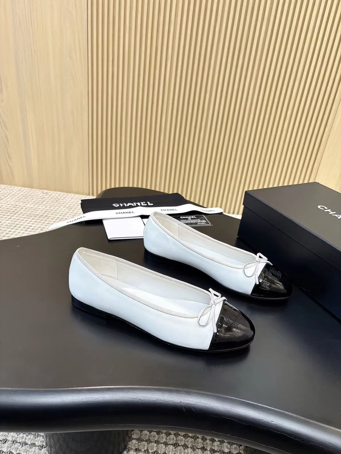 White with black tip leather C flats preorder