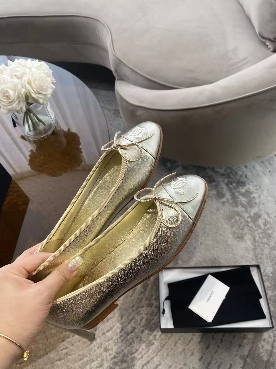 Gold C leather ballet Flats with silver tip preorder