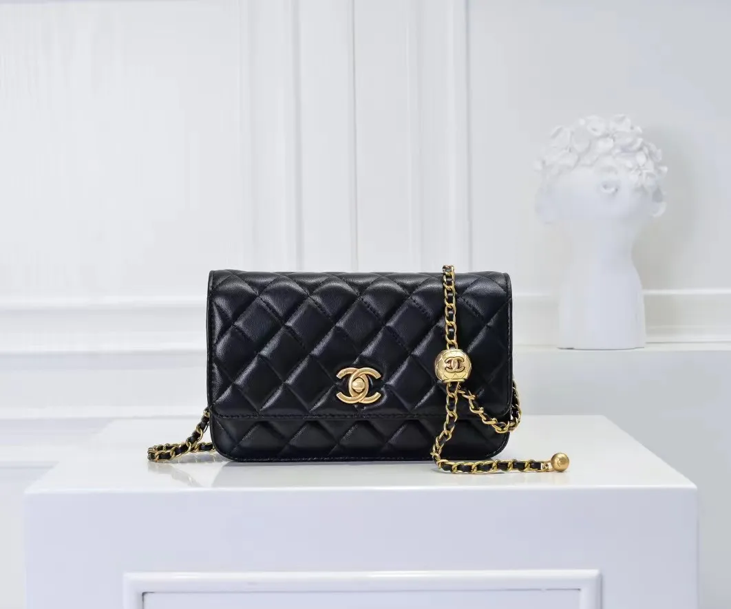 C Black leather classic bag with ball on chain preorder