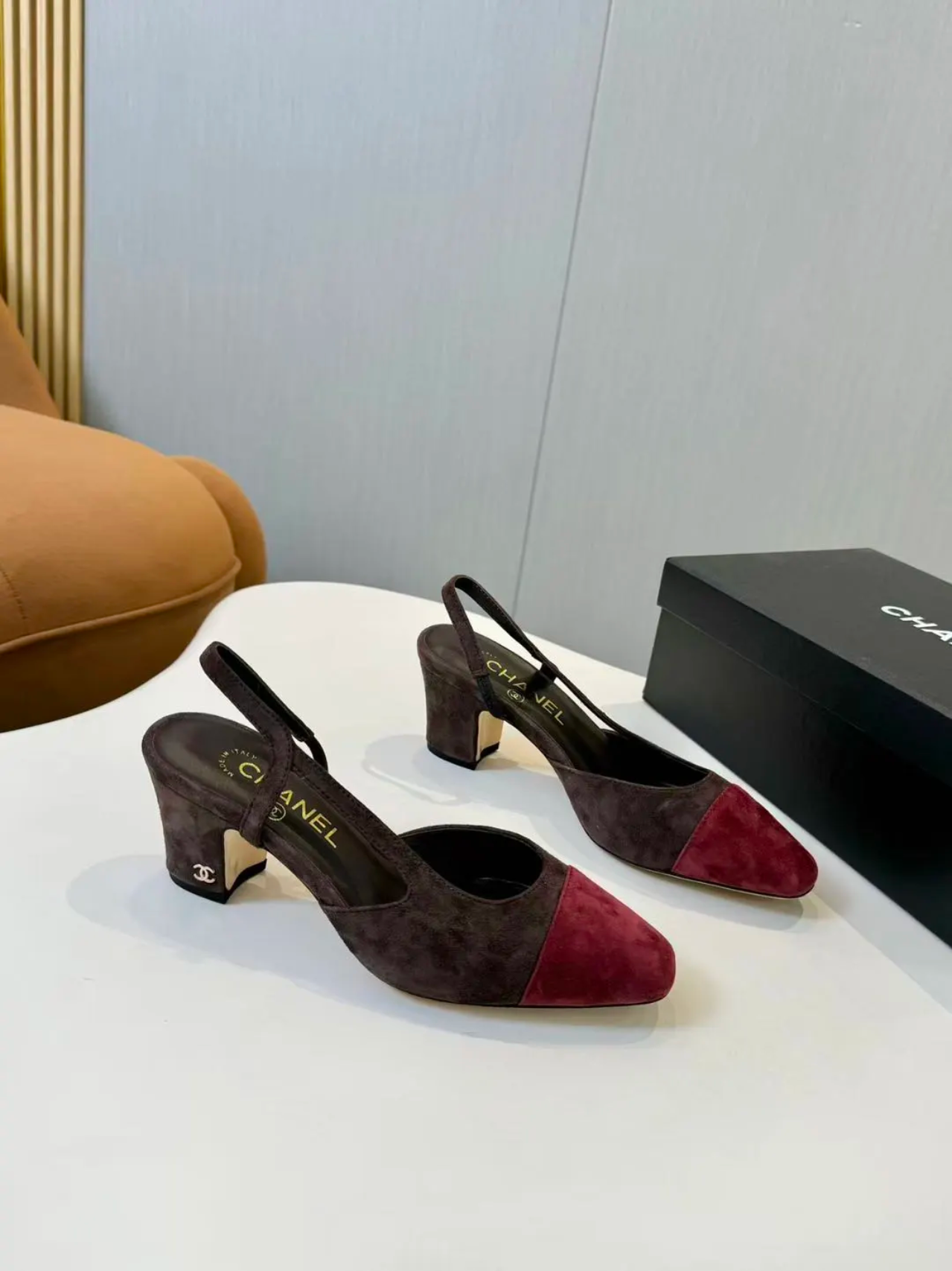 Brown with red tip slingback suede C Heels 6cm heel preorder