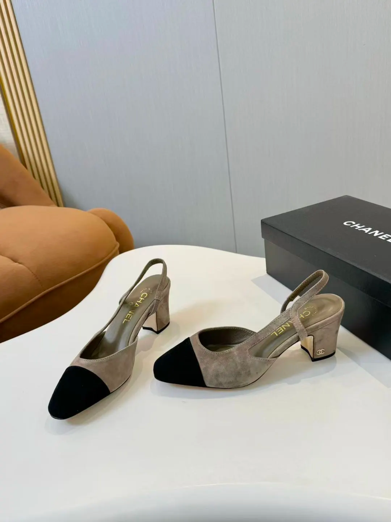 Taupe& black suede C Heels 6cm heel preorder