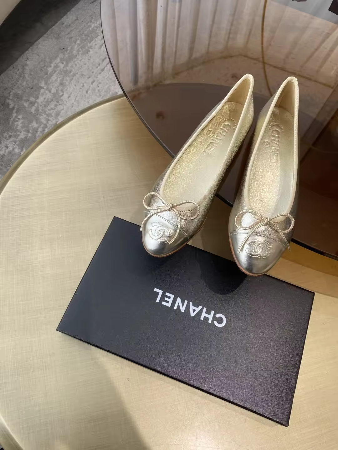 Gold C leather ballet Flats with silver tip preorder