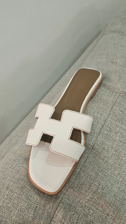 White Soft Leather H Slides preorder