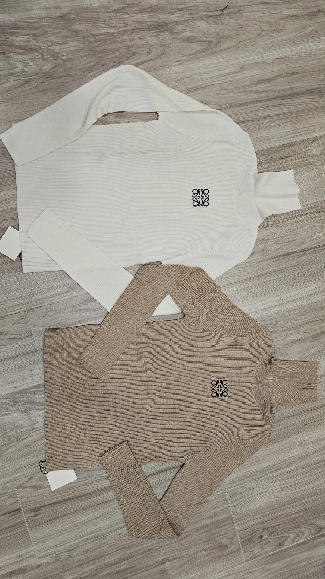 Taupe and white ribbed turtlenecks run small