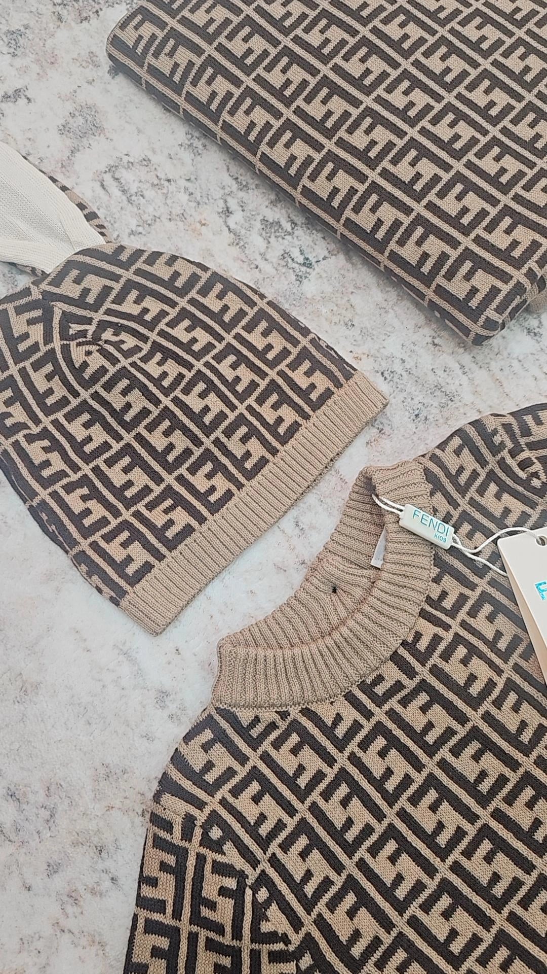 F brown baby onesie with hat and blanket