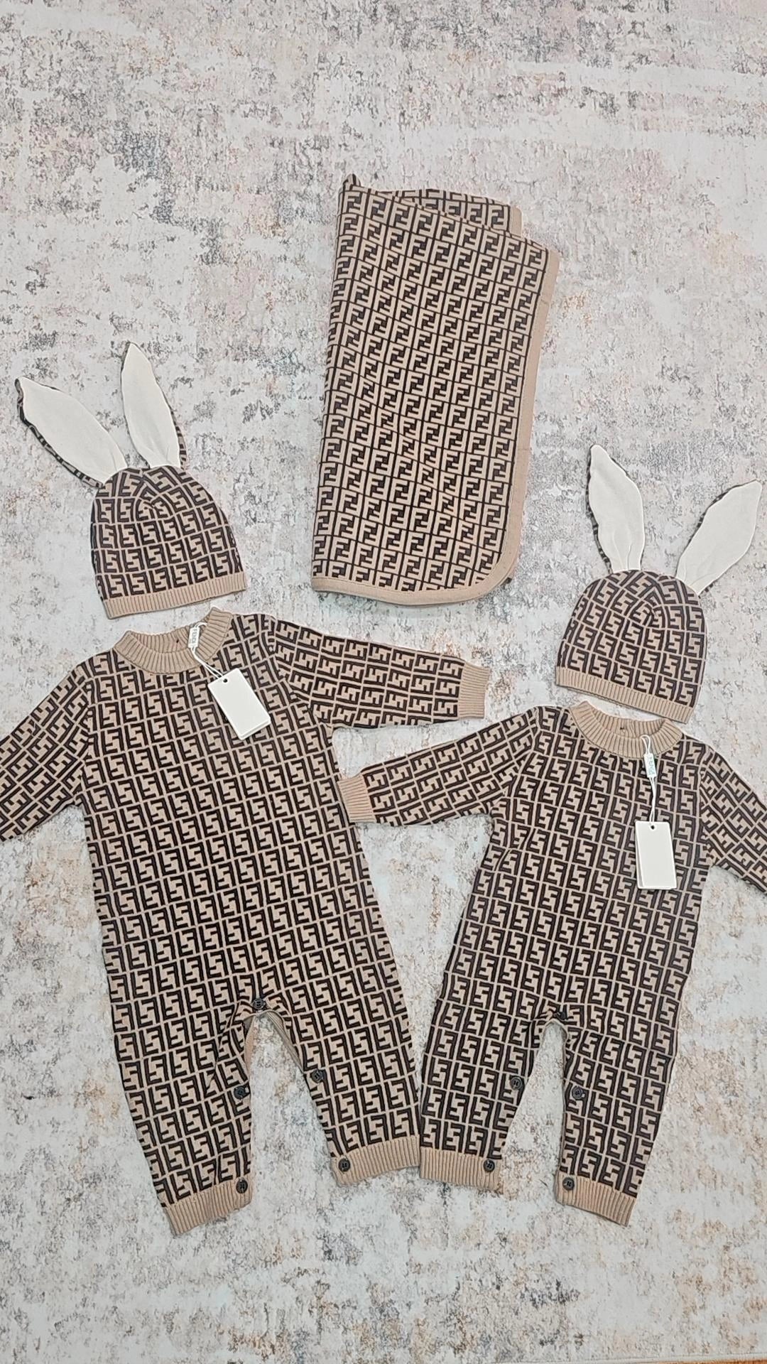 F brown baby onesie with hat and blanket