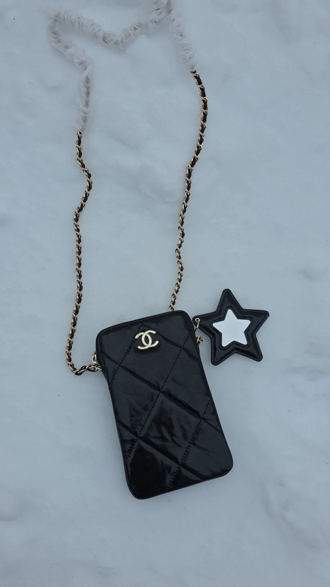 C black shiny Phone Bag with star mirror in stock