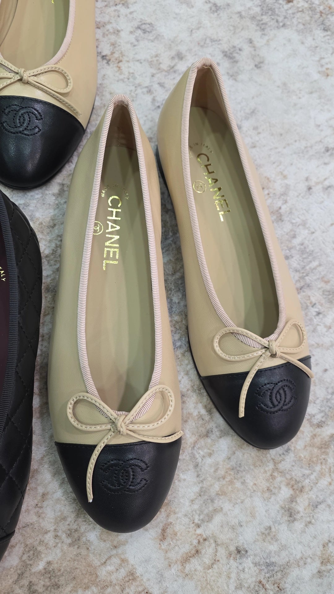 Beige with Black tip leather flats preorder