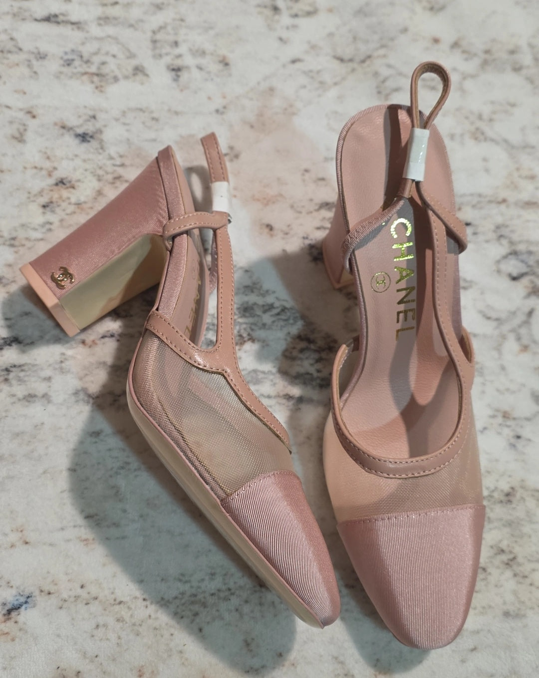 C Pink mesh slingback 9cm heels with satin tip preorder