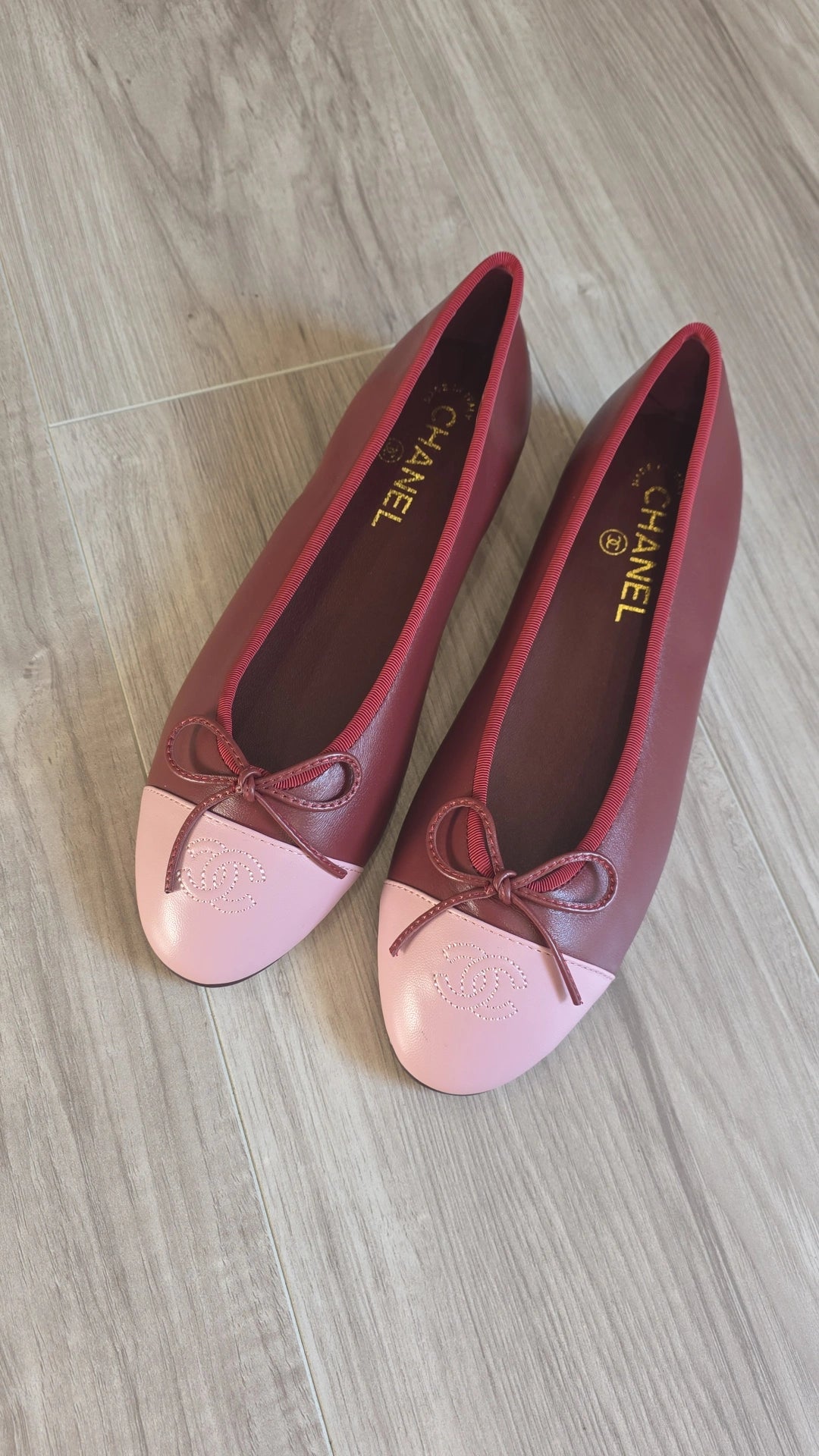 Maroon leather C flats with pink tip preorder