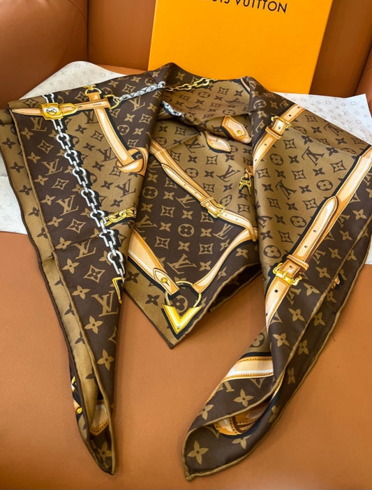 L V brown with chains head scarf preorder