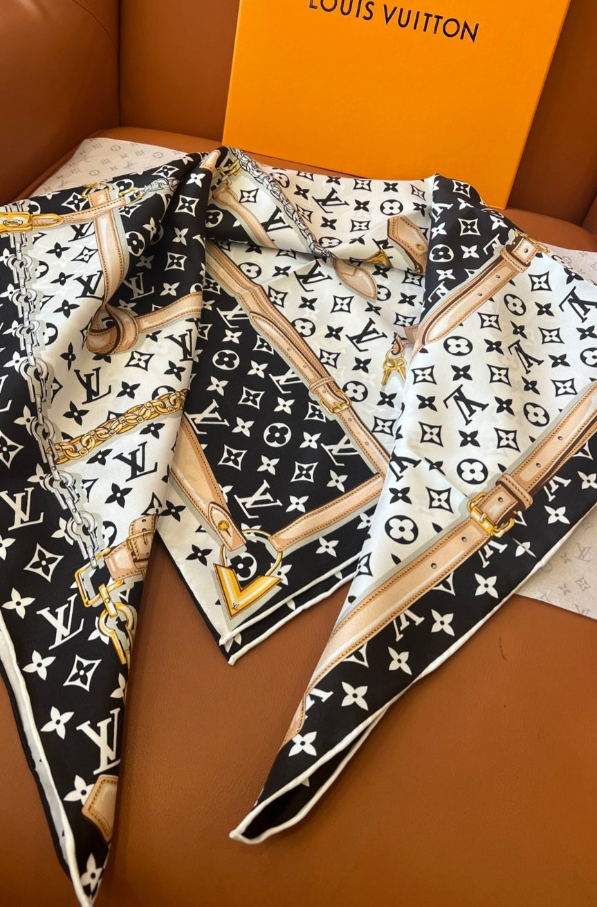 L V White and black with straps head scarf 90x90cm preorder
