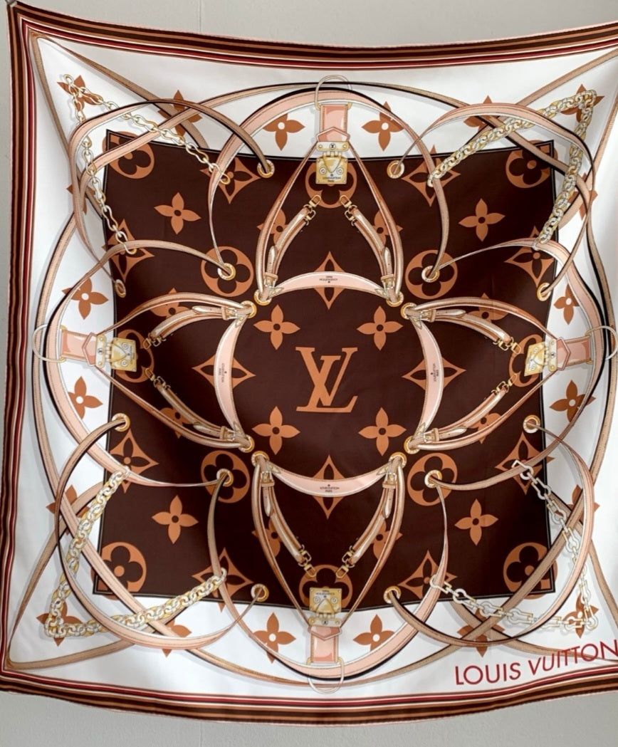 Brown & cream L V  silk headscarf preorder