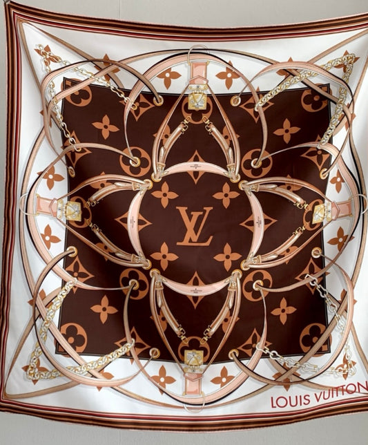 Brown & cream L V  silk headscarf preorder