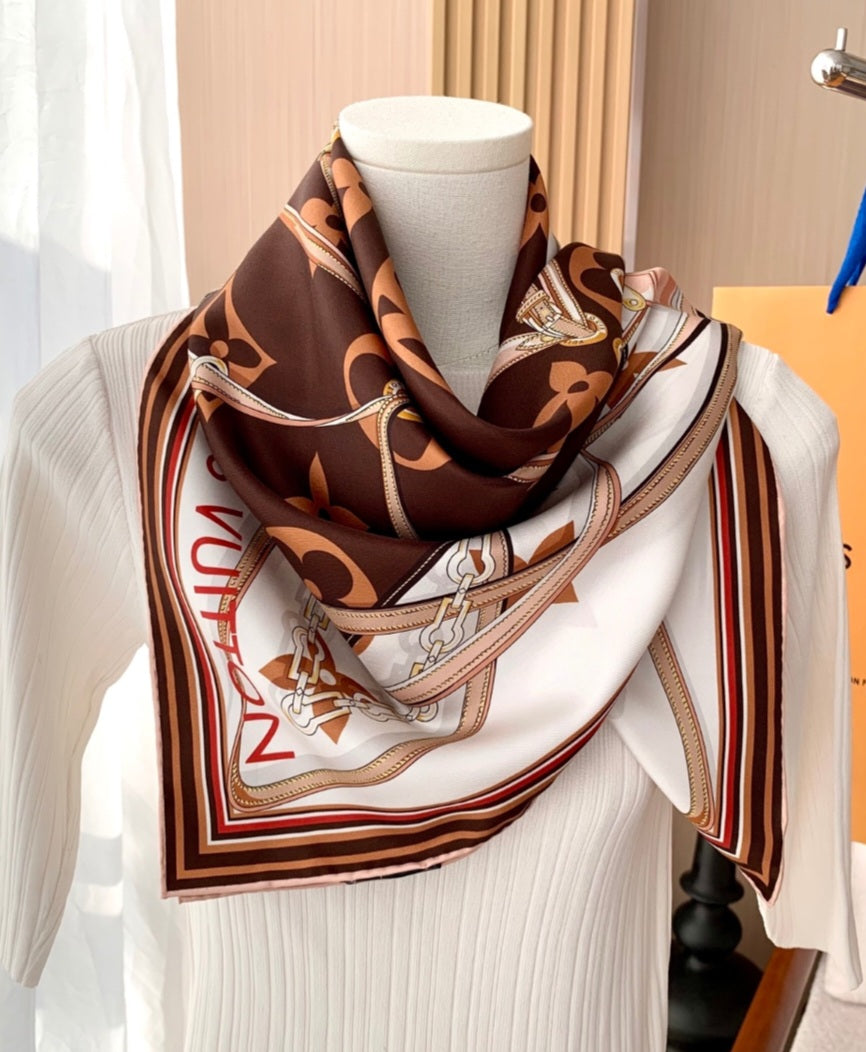 Brown & cream L V  silk headscarf preorder