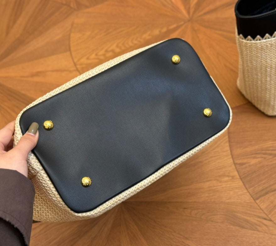 P Black and straw bag 2 sizes preorder