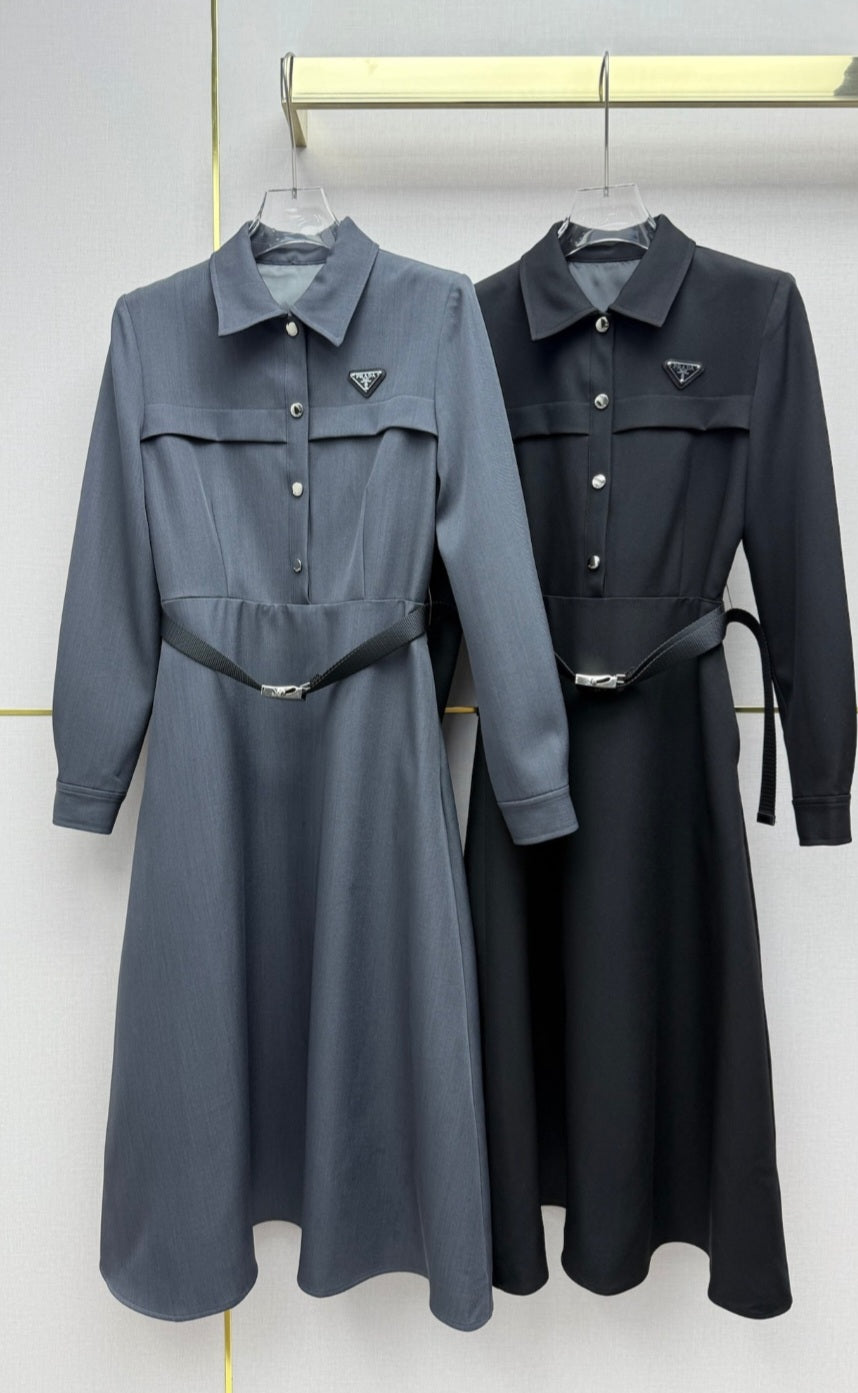 P long sleeve dress with belt black and gray preorder